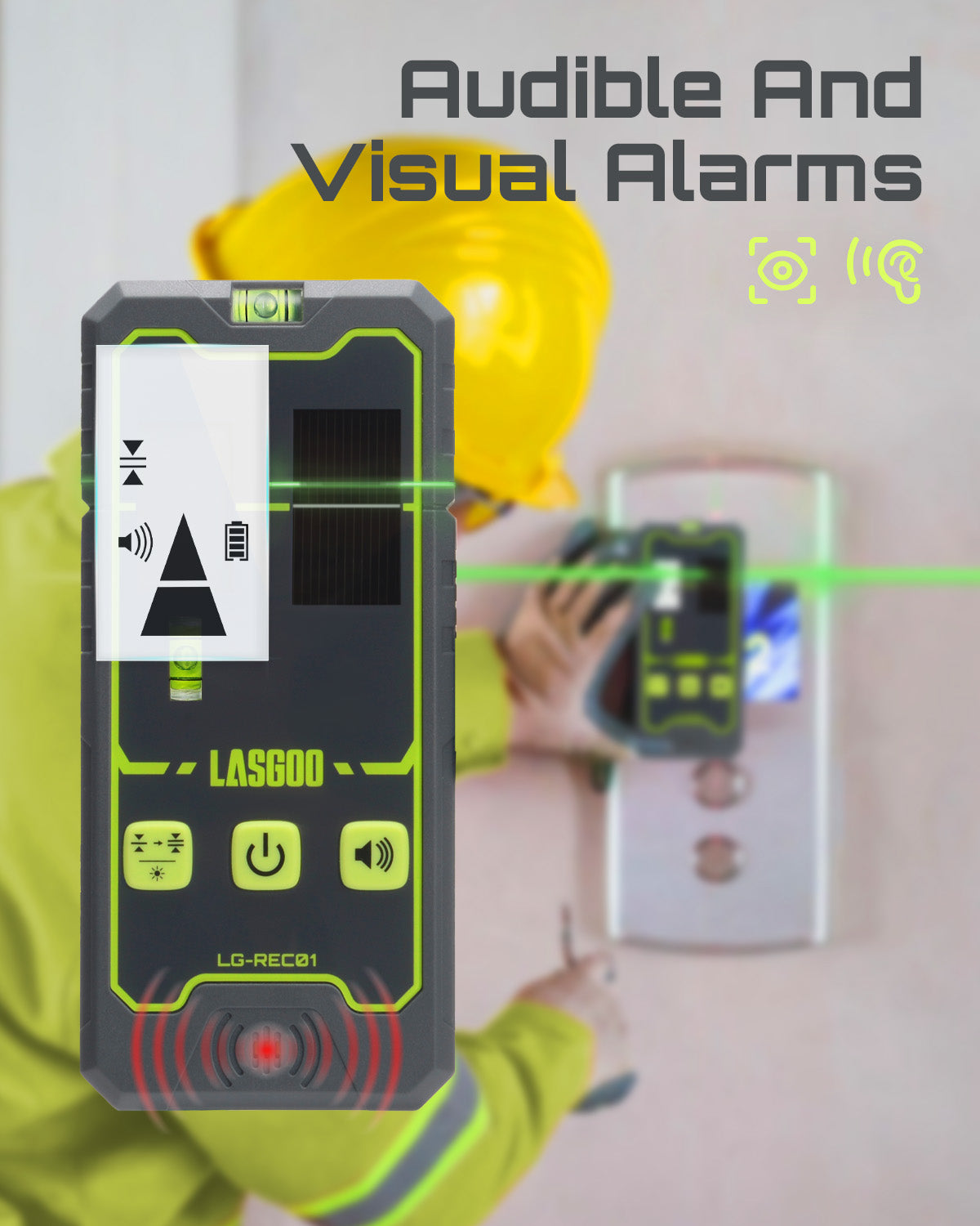 LasGoo REC01 Laser Receiver in use on construction site with laser level for accurate measurements.