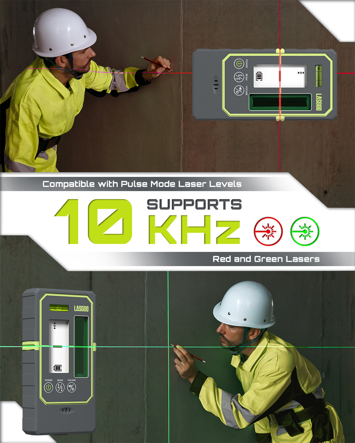 Receptor láser LasGoo LG-REC01 para nivel láser, doble pantalla LCD y nivel de burbuja, detector de rayo láser verde y rojo para líneas pulsantes, hasta 50m, batería recargable, con abrazadera
