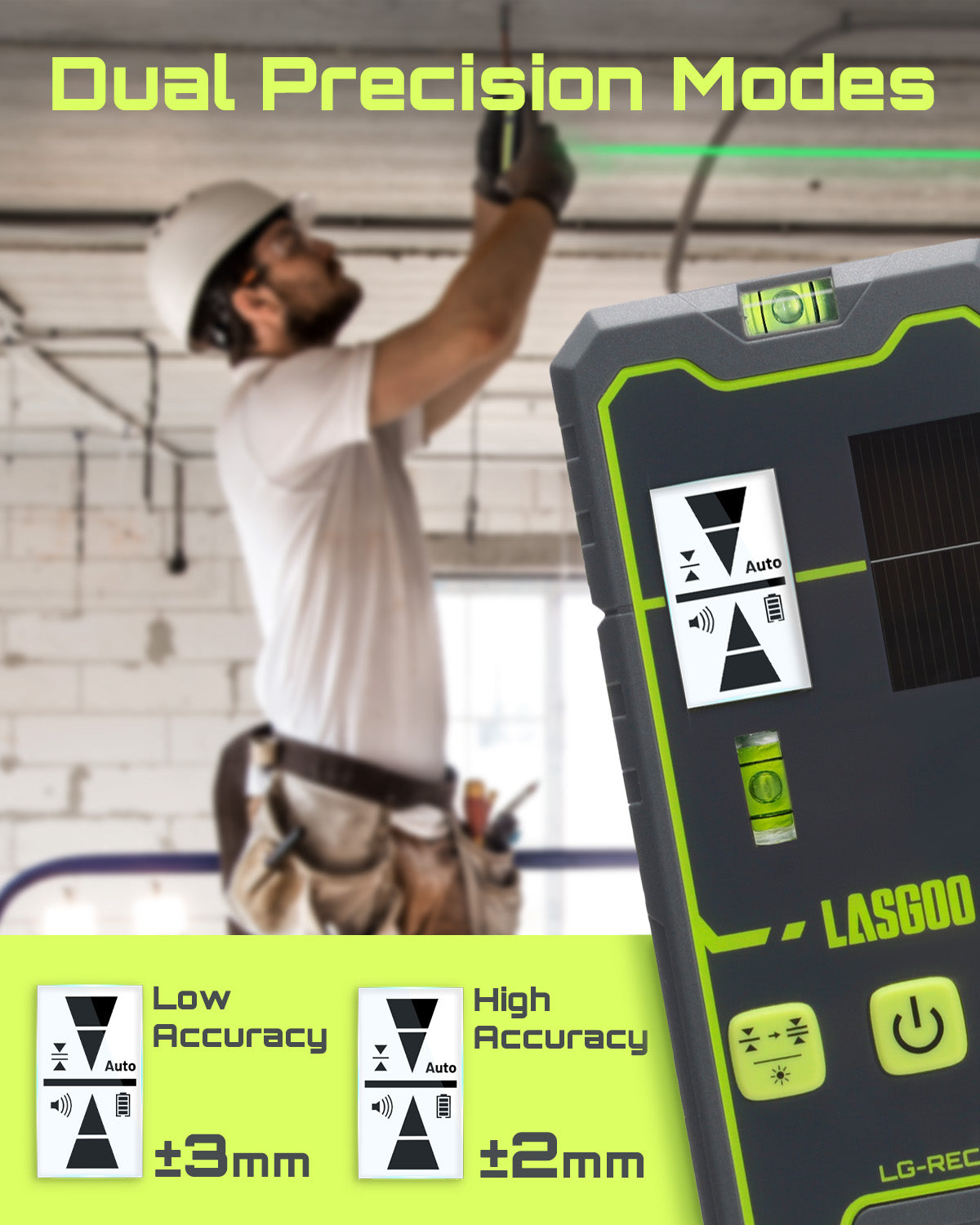 LasGoo REC01 Laser Receiver in use on construction site with laser level for accurate measurements.